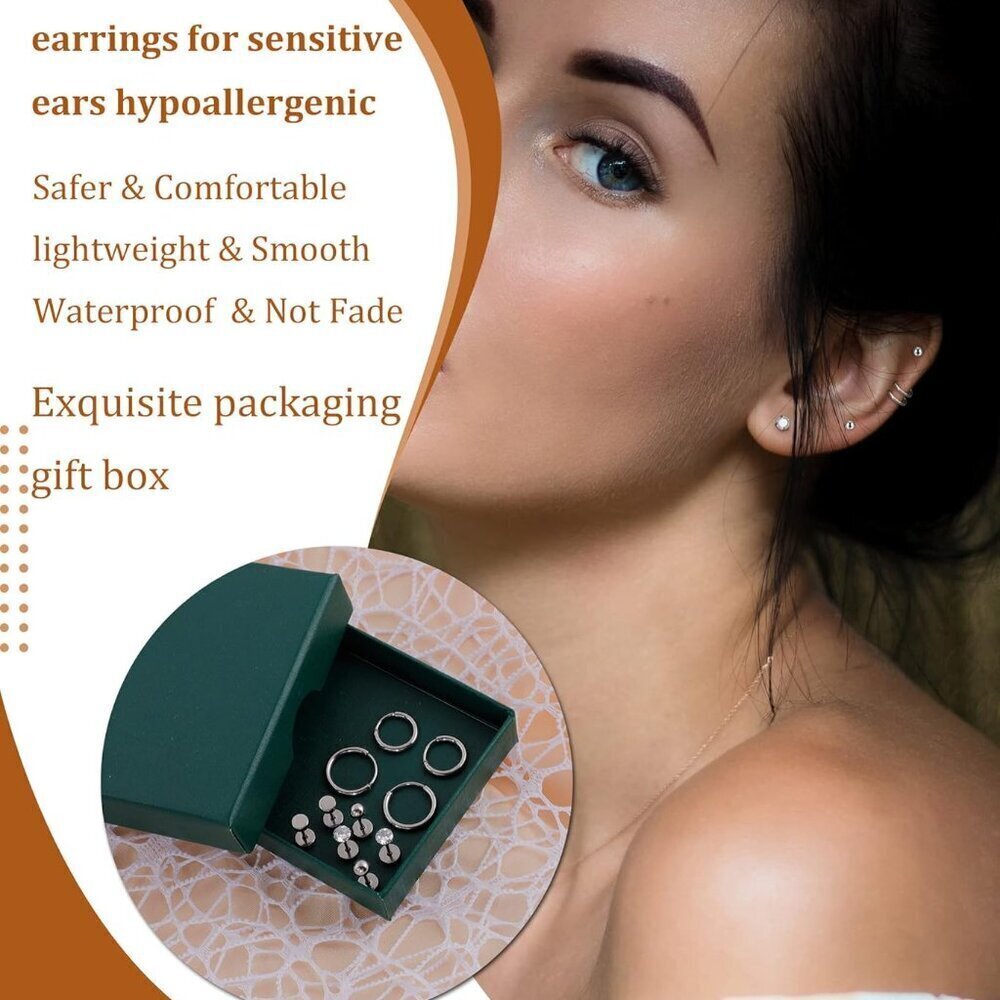 5 Pairs Titanium Earrings Set Hypoallergenic Stud Hoop Jewelry for Sensitive Ear - Picture 7 of 8